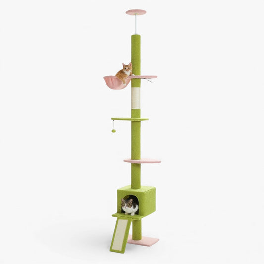 Arbre à Chat Sol Plafond Réglable Hamac Bois Vert Rose – Sierra